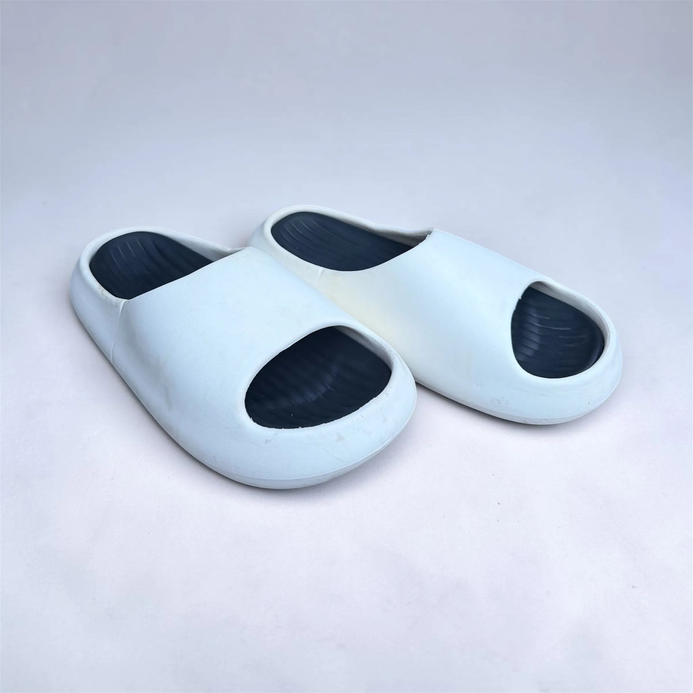 White & Navy Two-Tone Pillow Slides | Cloud Soft Thick Sole Sliders | Comfortable Slip-On Slippers
