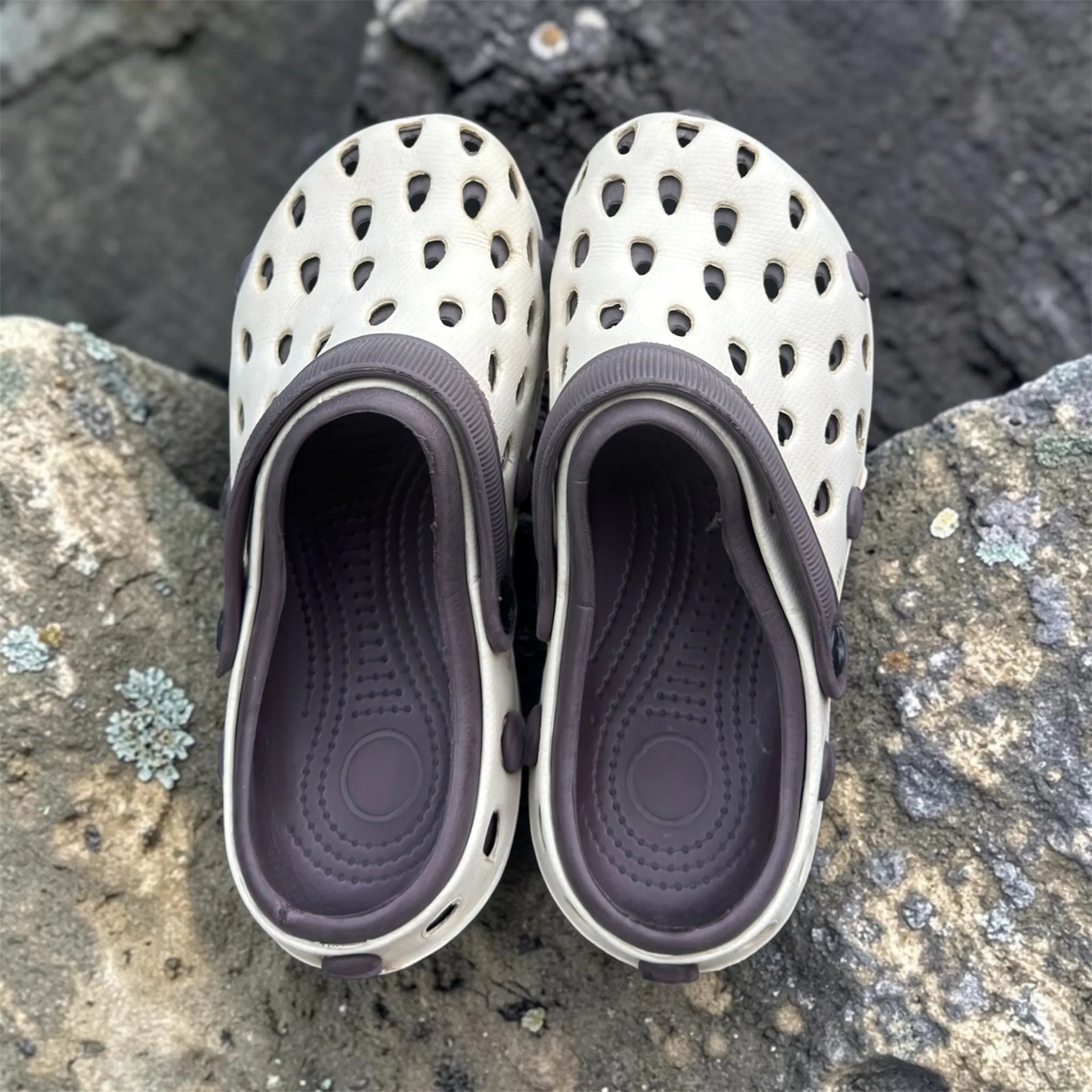 White & Grey Two-Tone Clogs | Breathable Hole Design Slip-On Garden Shoes | Comfortable Closed-Toe Sandals