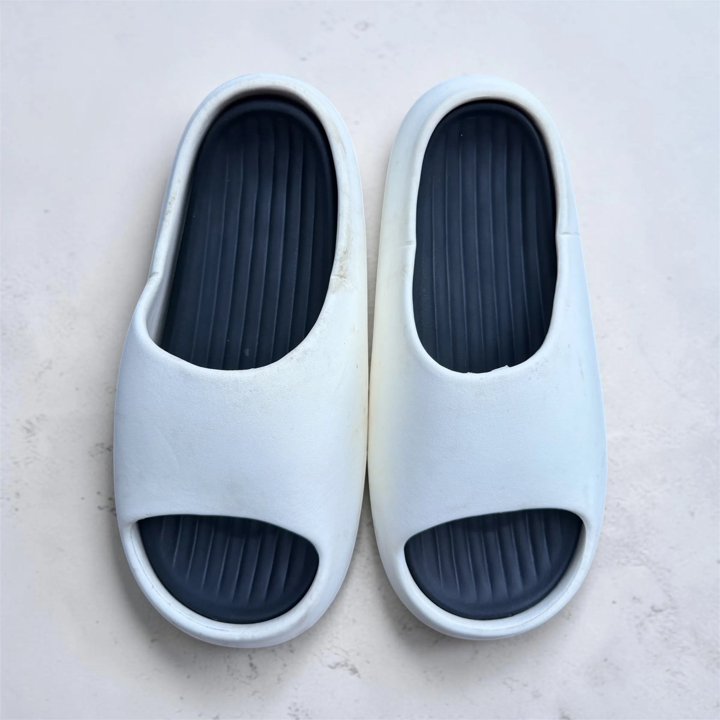 White & Navy Two-Tone Pillow Slides | Cloud Soft Thick Sole Sliders | Comfortable Slip-On Slippers