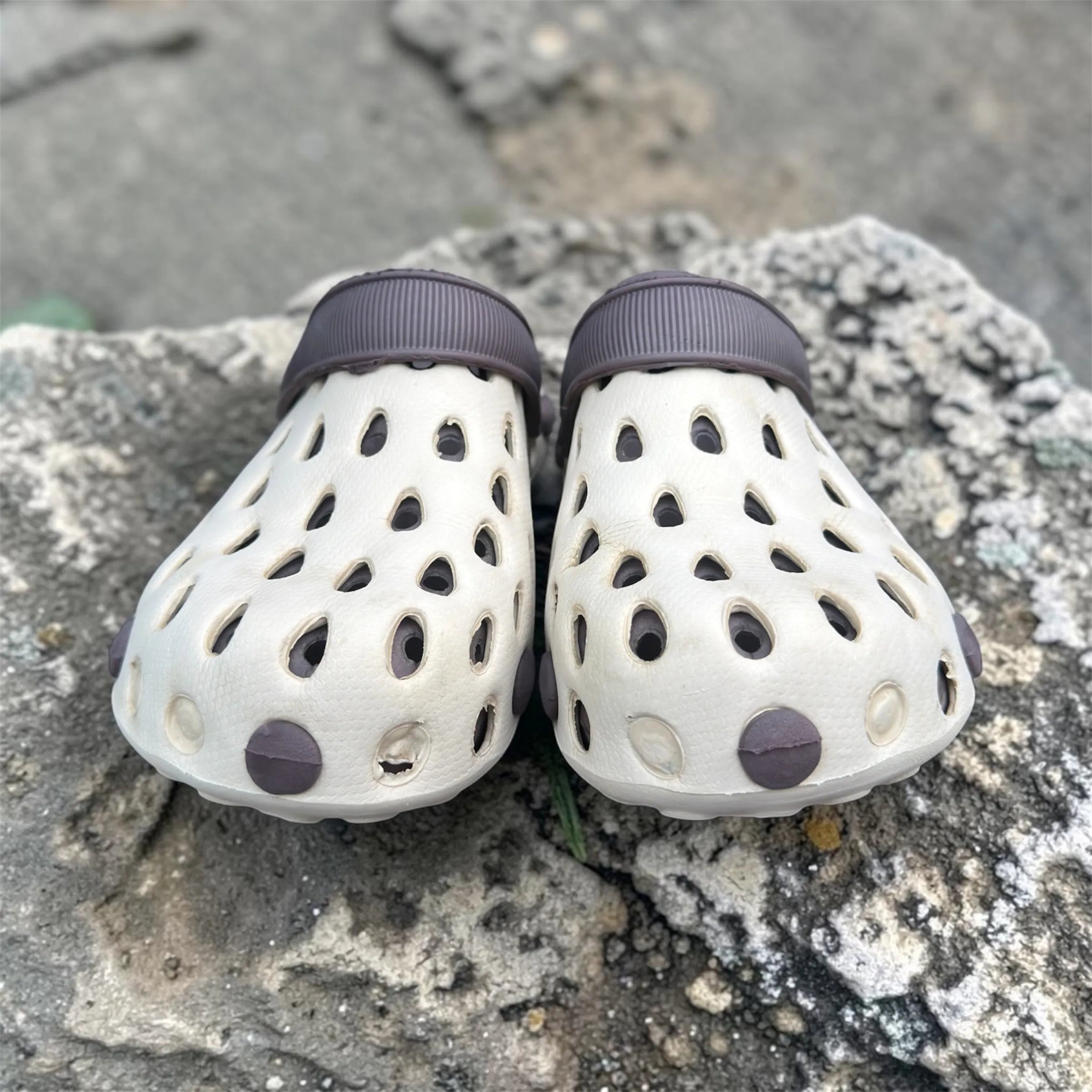 White & Grey Two-Tone Clogs | Breathable Hole Design Slip-On Garden Shoes | Comfortable Closed-Toe Sandals