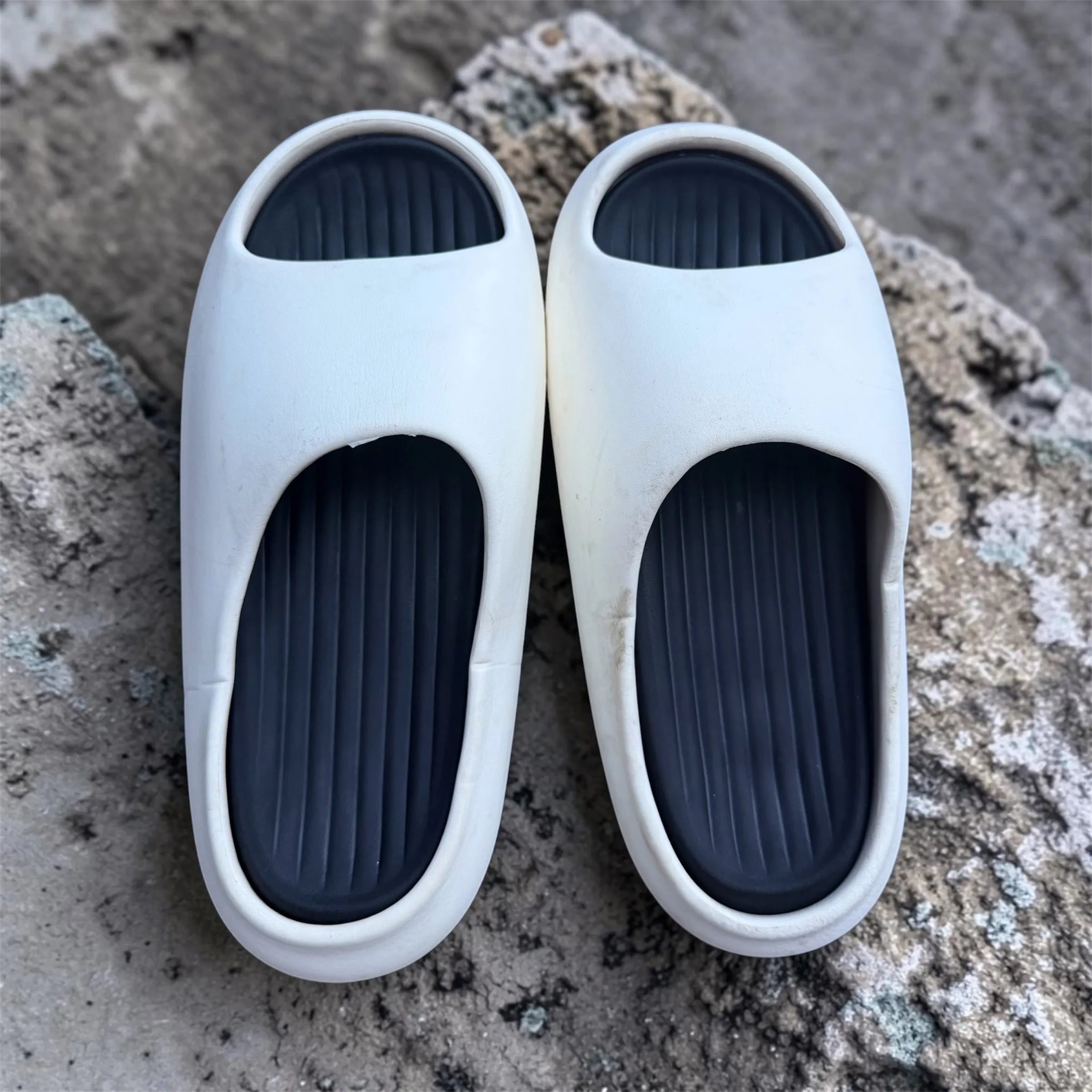 White & Navy Two-Tone Pillow Slides | Cloud Soft Thick Sole Sliders | Comfortable Slip-On Slippers