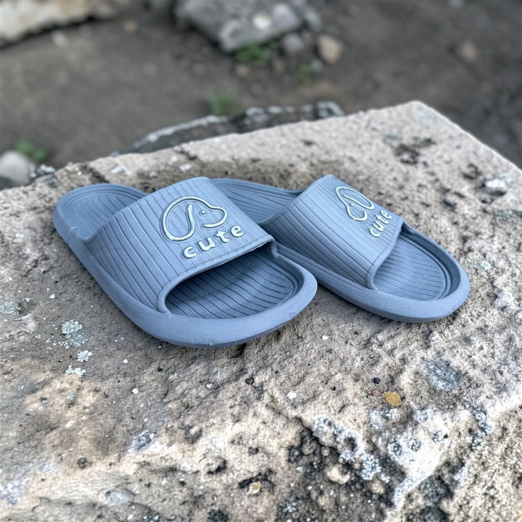 Grey "Cute" Dog Print Slides | Embossed Puppy Design Soft Sole Sliders | Comfortable Slip-On Slippers