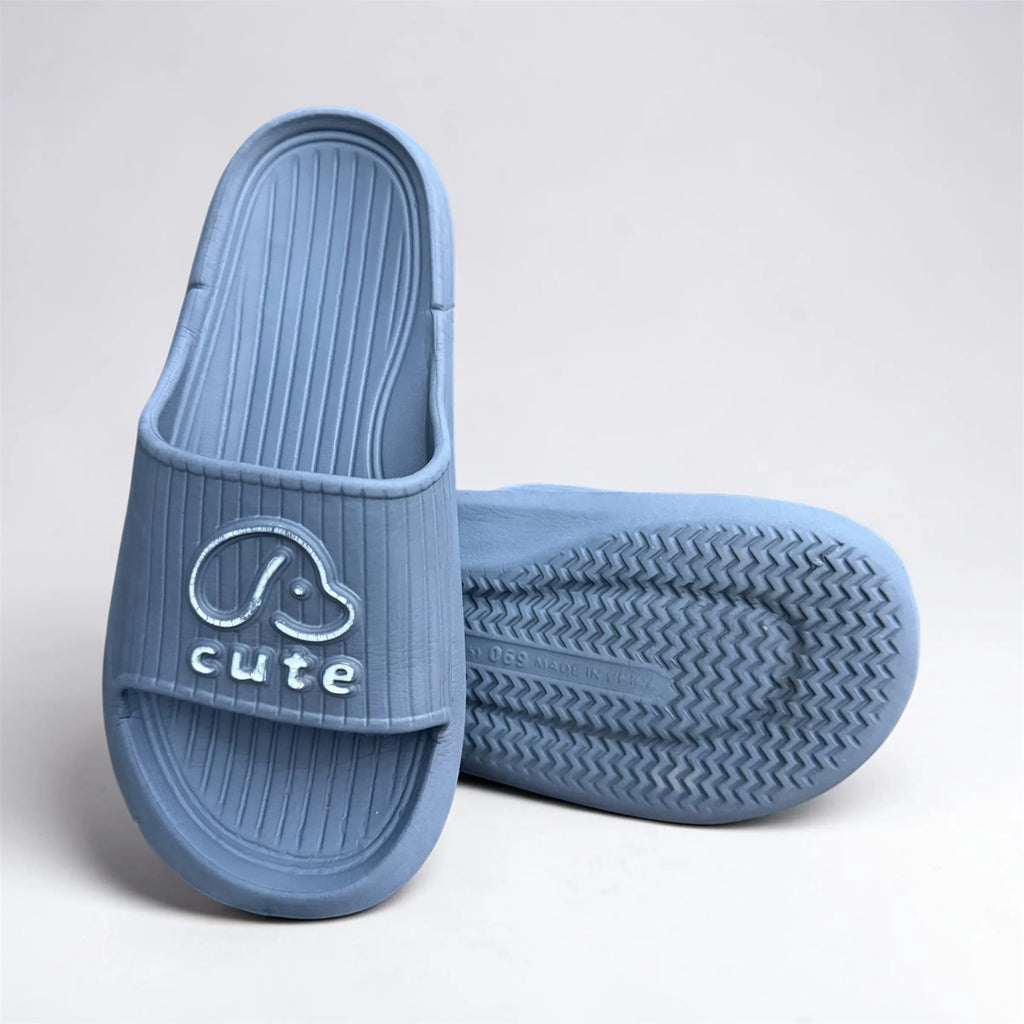 Grey "Cute" Dog Print Slides | Embossed Puppy Design Soft Sole Sliders | Comfortable Slip-On Slippers