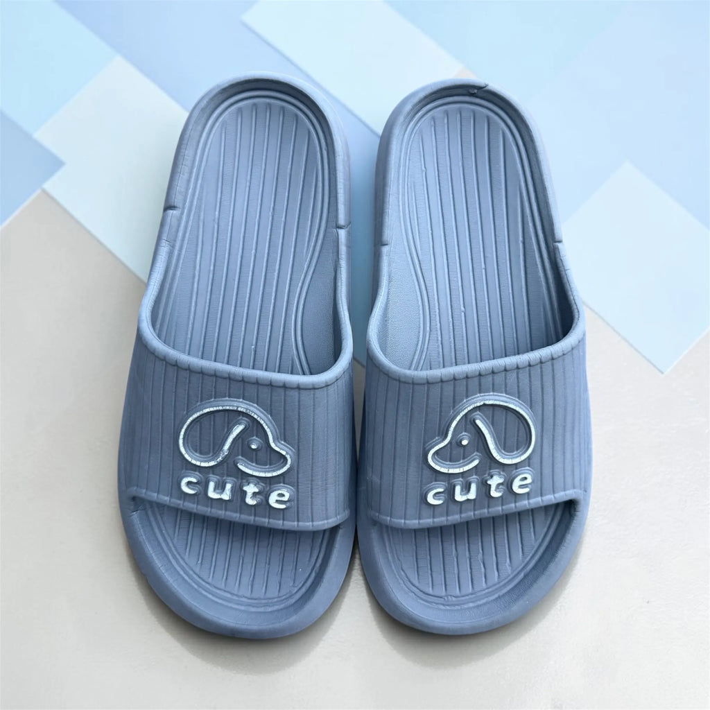 Grey "Cute" Dog Print Slides | Embossed Puppy Design Soft Sole Sliders | Comfortable Slip-On Slippers