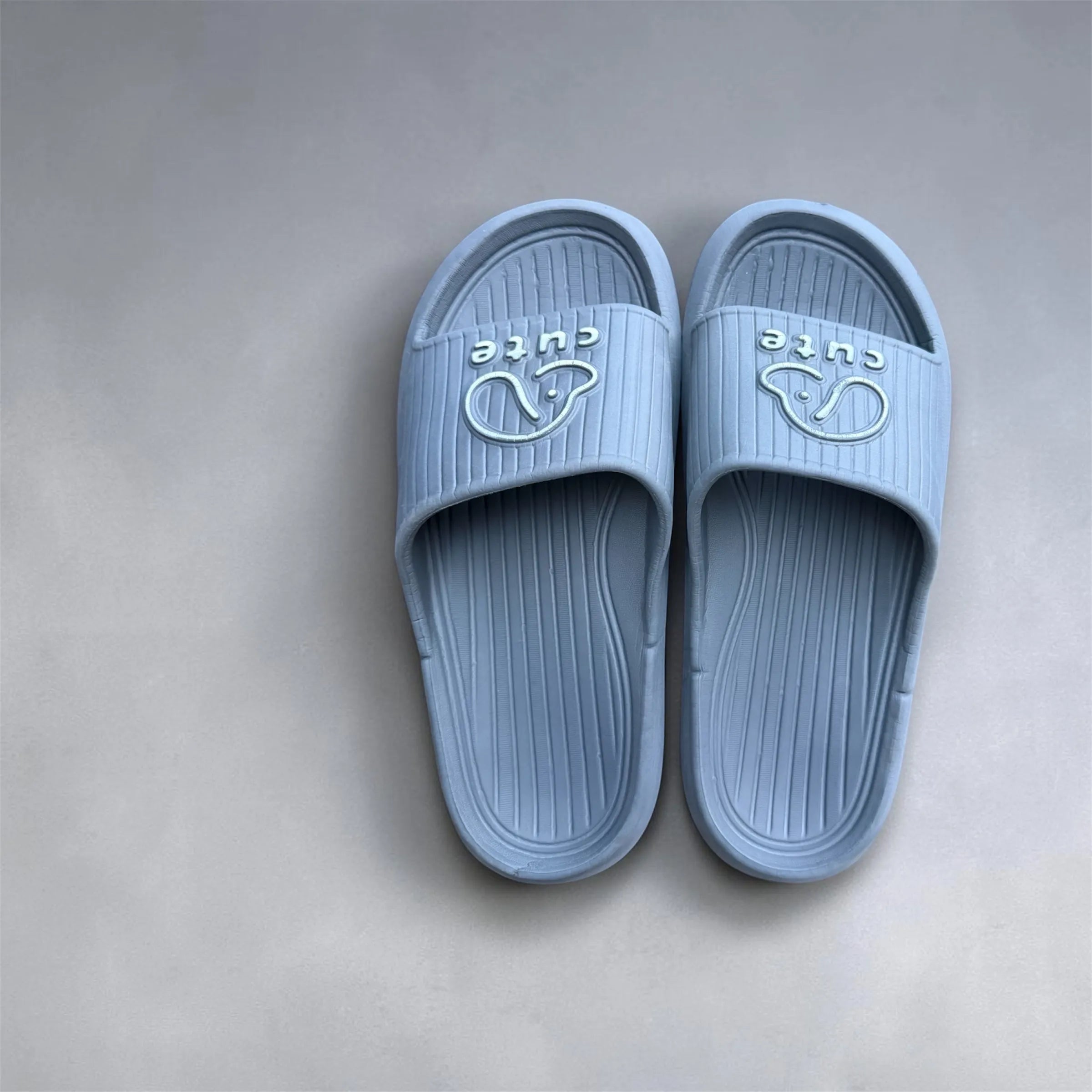 Grey "Cute" Dog Print Slides | Embossed Puppy Design Soft Sole Sliders | Comfortable Slip-On Slippers