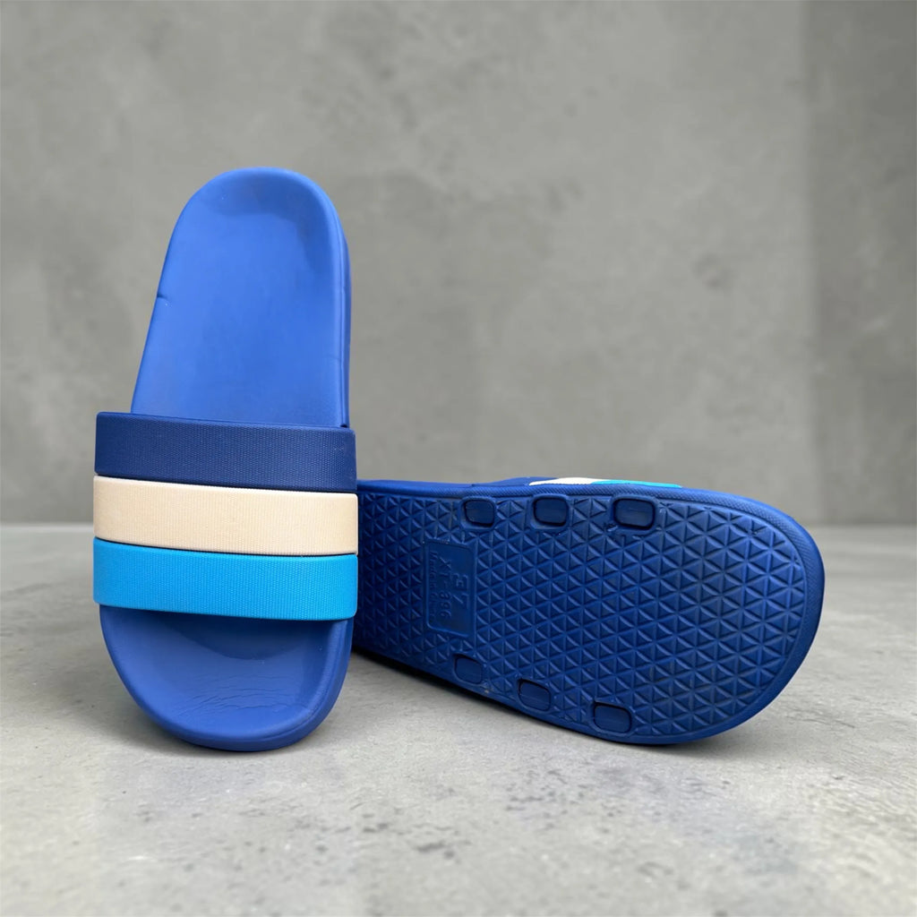 Blue Striped Slides | Tri-Color Navy Cream & Sky Blue Strap | Textured Grip Sole Slippers