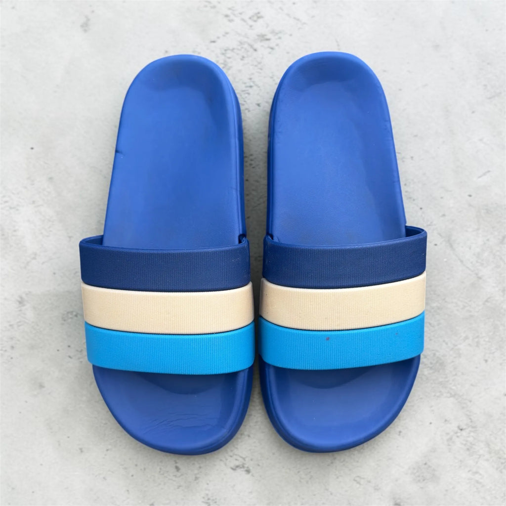 Blue Striped Slides | Tri-Color Navy Cream & Sky Blue Strap | Textured Grip Sole Slippers