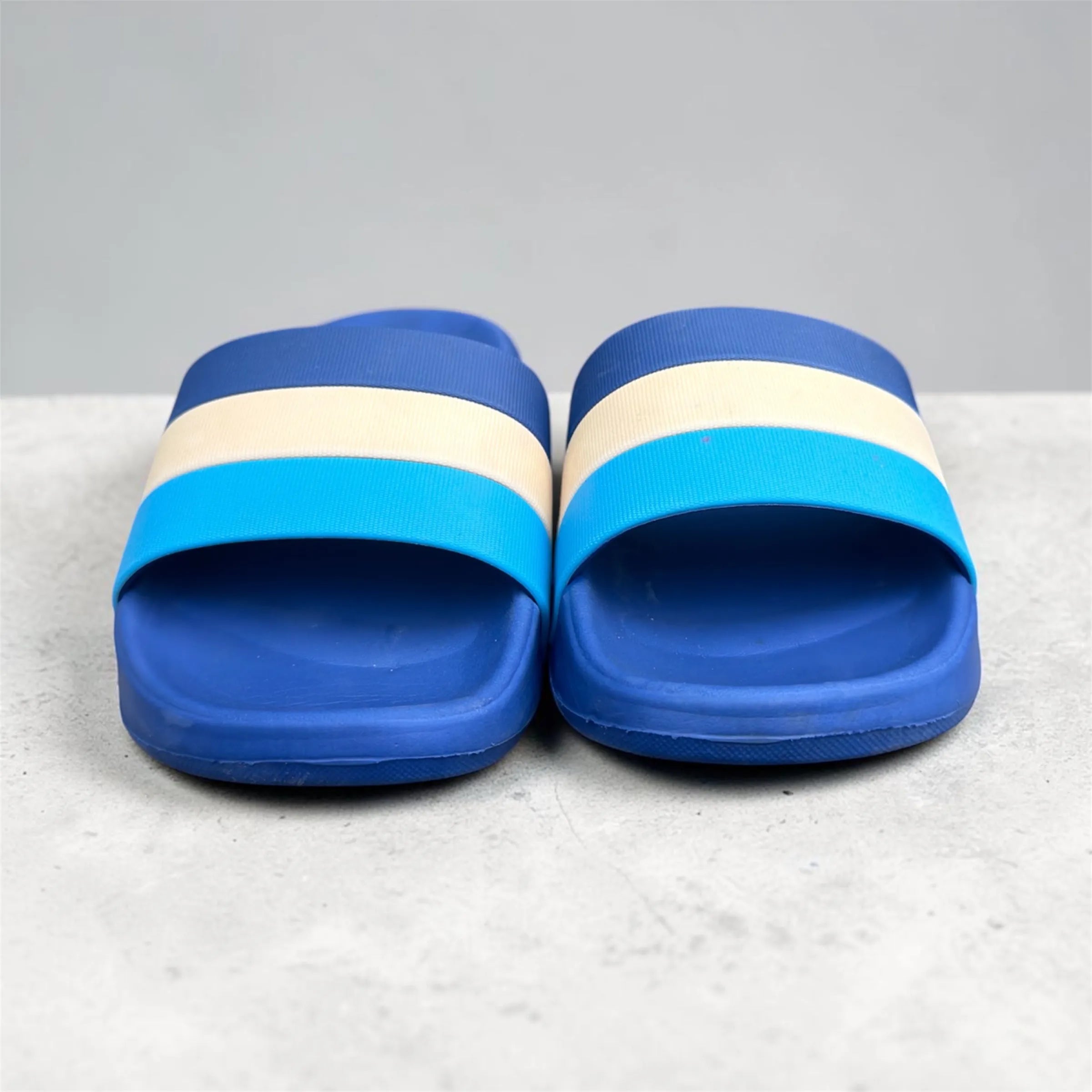 Blue Striped Slides | Tri-Color Navy Cream & Sky Blue Strap | Textured Grip Sole Slippers