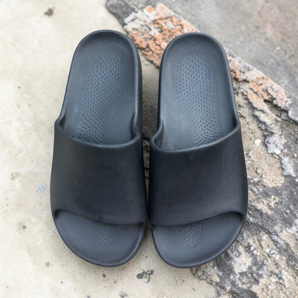 Black Pillow Slides | Massage Footbed Non-Slip Sole | Comfortable Slip-On Slippers