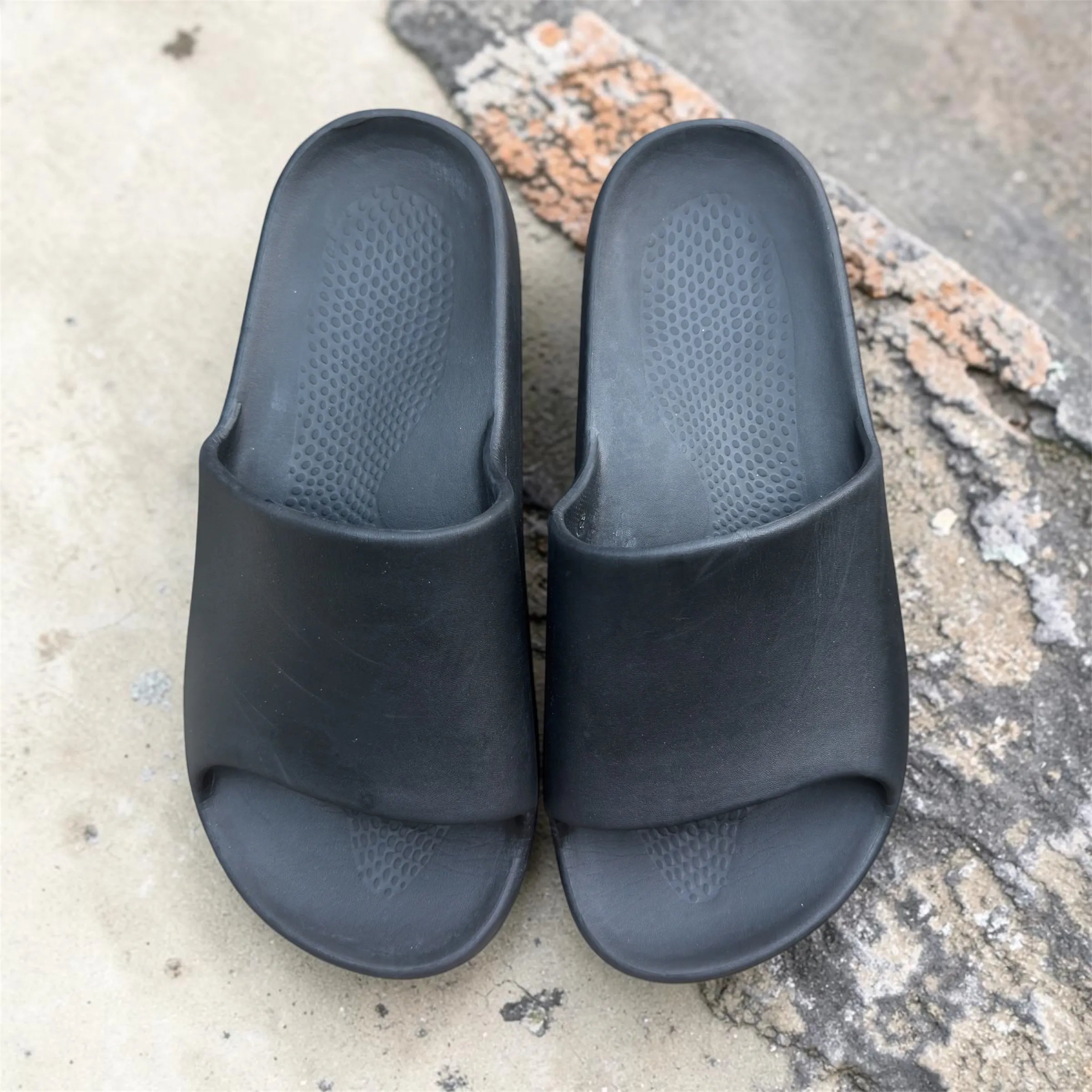 Black Pillow Slides | Massage Footbed Non-Slip Sole | Comfortable Slip-On Slippers