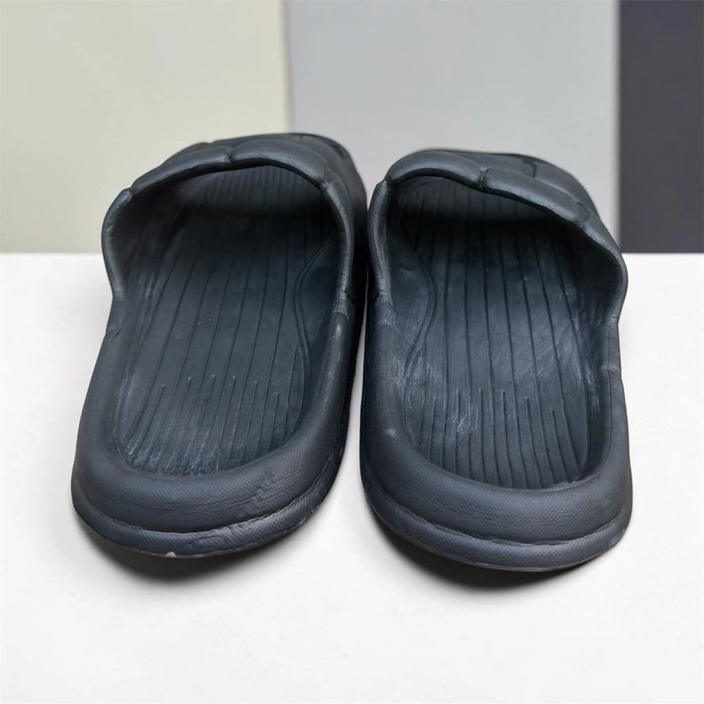 Black Quilted Padded Slides | Puffer Strap Pillow Sliders | Comfortable Thick Sole Slippers