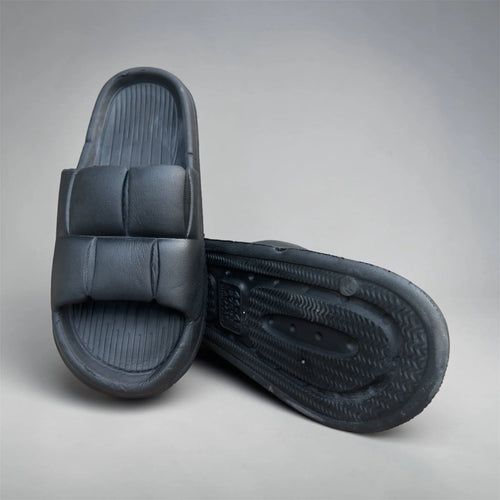 Black Quilted Padded Slides | Puffer Strap Pillow Sliders | Comfortable Thick Sole Slippers