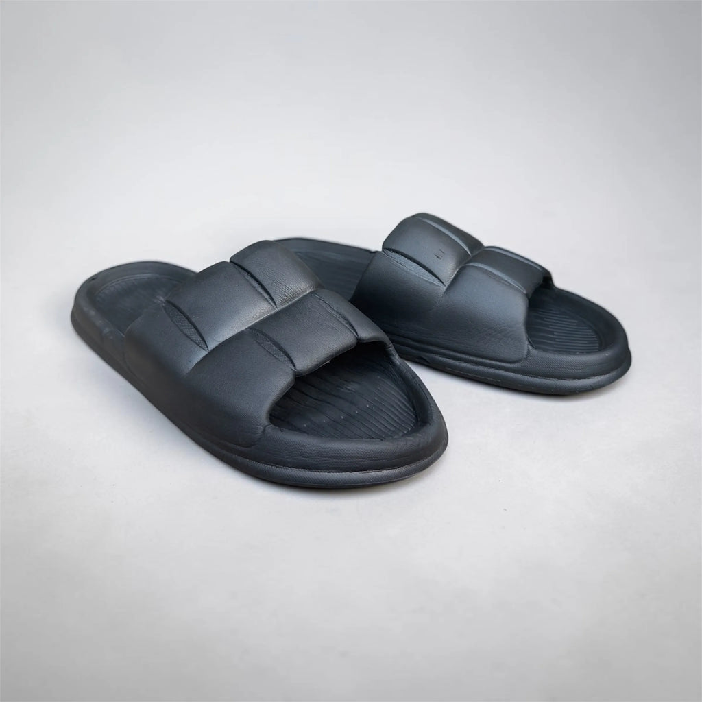 Black Quilted Padded Slides | Puffer Strap Pillow Sliders | Comfortable Thick Sole Slippers