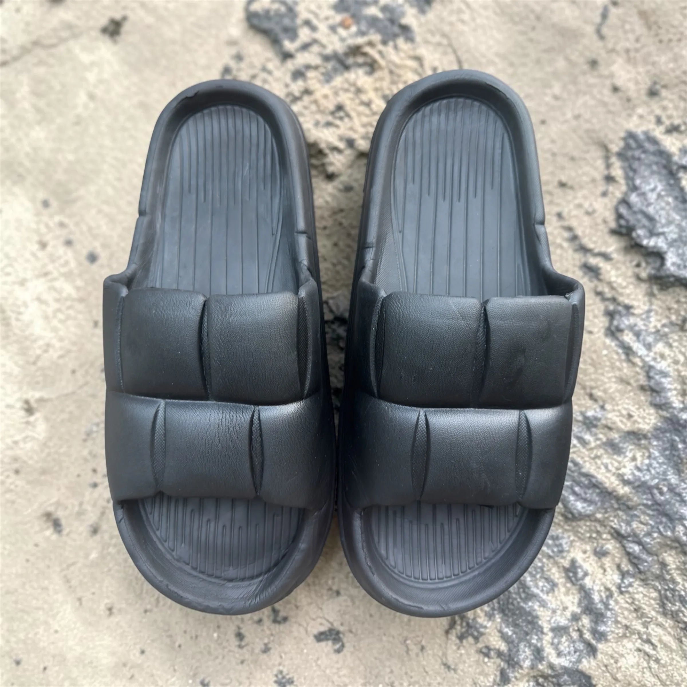 Black Quilted Padded Slides | Puffer Strap Pillow Sliders | Comfortable Thick Sole Slippers