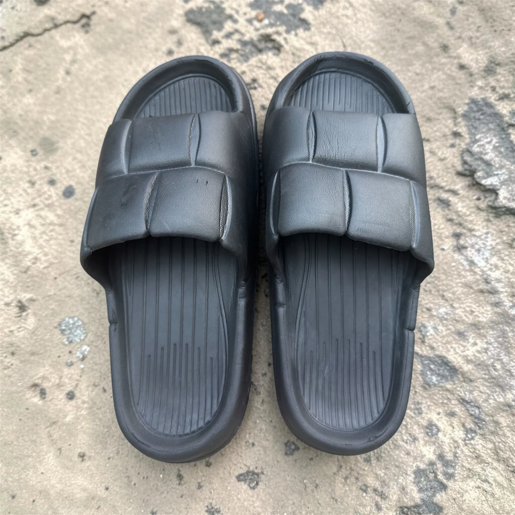 Black Quilted Padded Slides | Puffer Strap Pillow Sliders | Comfortable Thick Sole Slippers