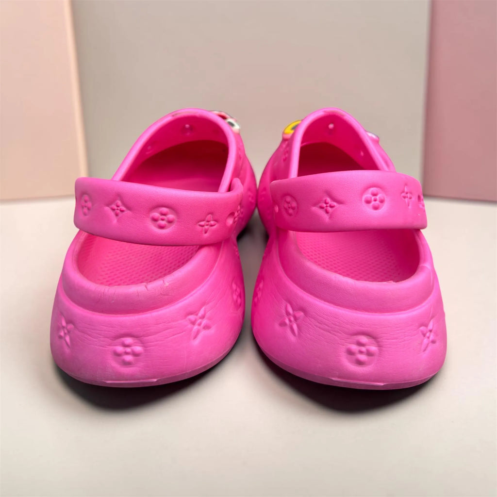 Hot Pink Charm Clogs | Cute Bear & Strawberry Pin Decorations | Comfortable Kids Slip-On Garden Shoes