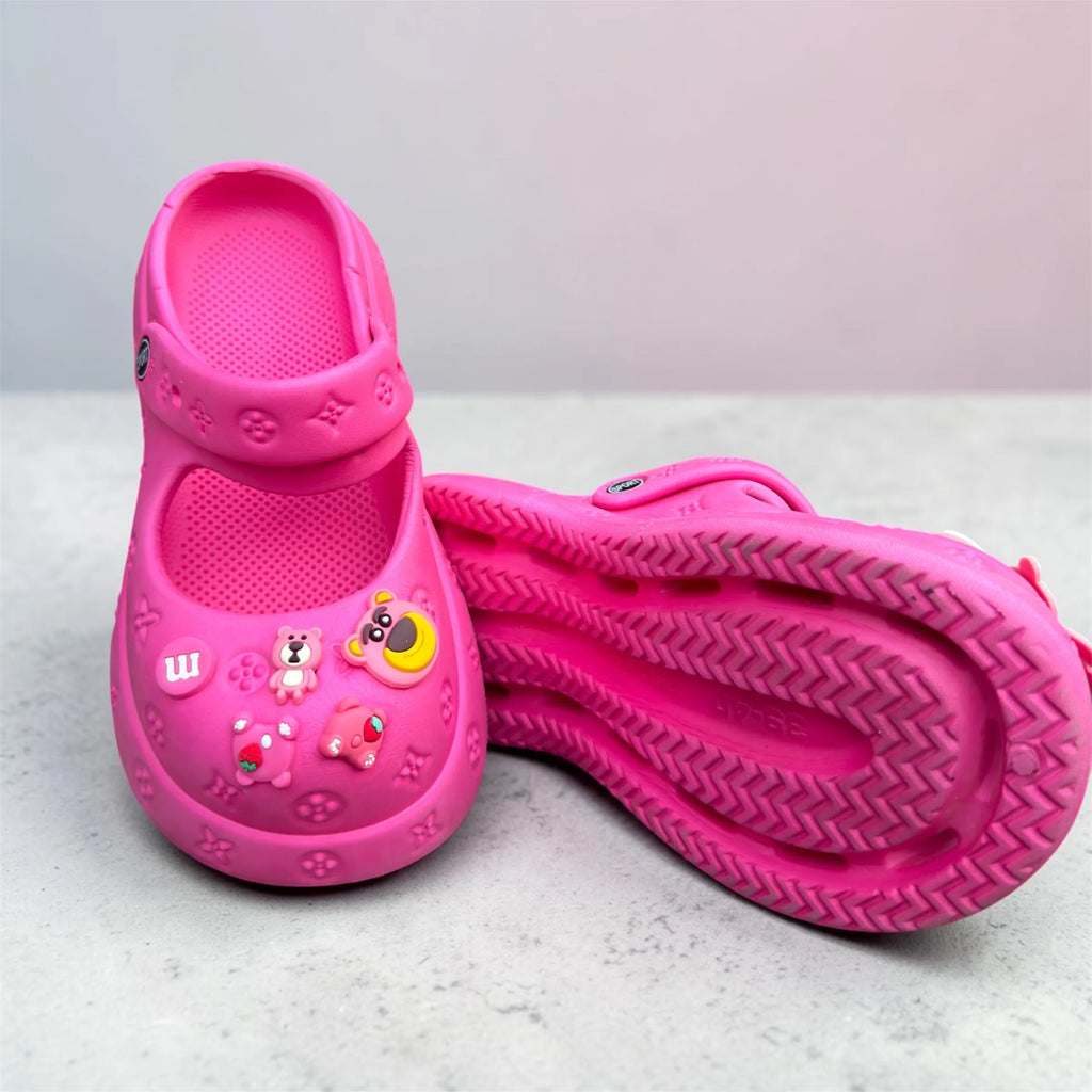 Hot Pink Charm Clogs | Cute Bear & Strawberry Pin Decorations | Comfortable Kids Slip-On Garden Shoes