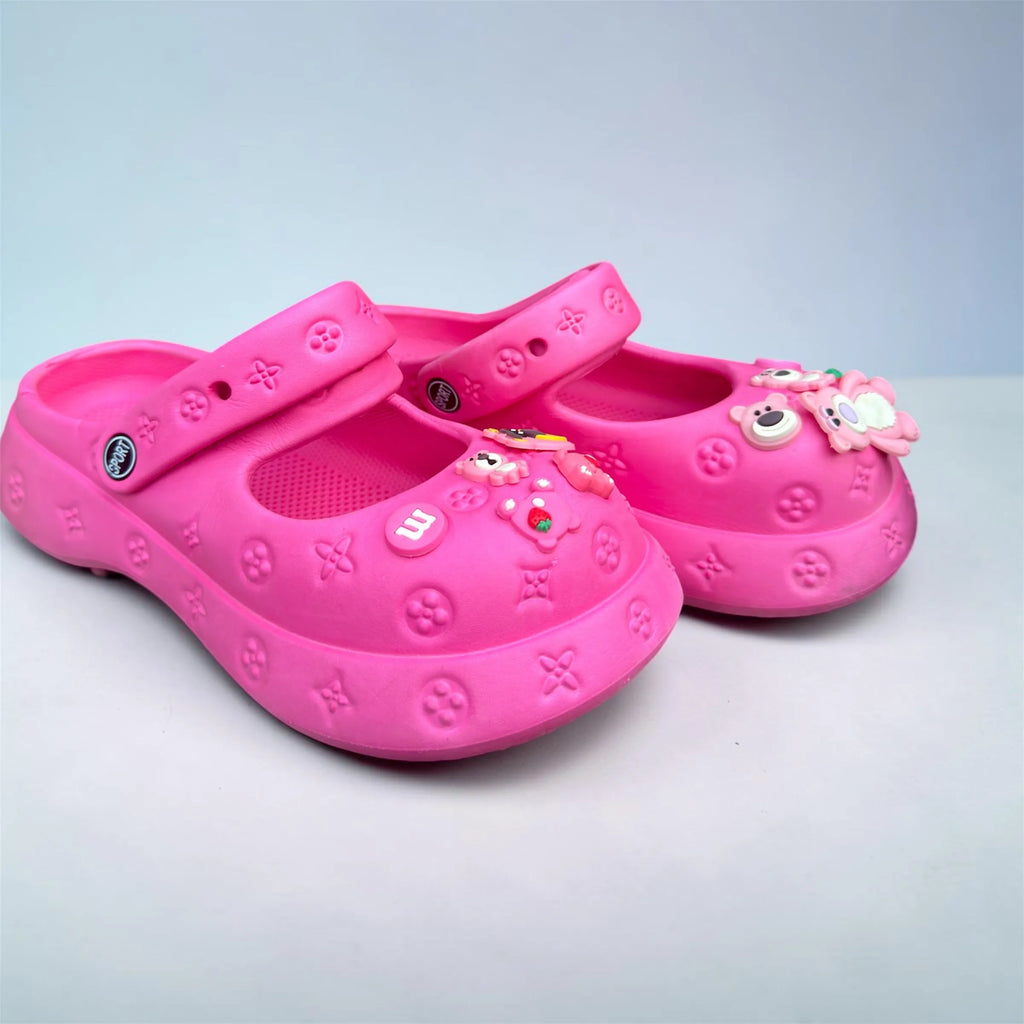 Hot Pink Charm Clogs | Cute Bear & Strawberry Pin Decorations | Comfortable Kids Slip-On Garden Shoes
