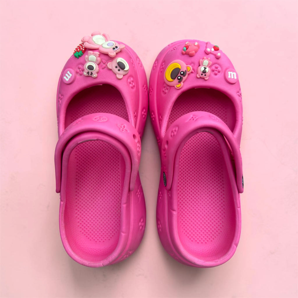 Hot Pink Charm Clogs | Cute Bear & Strawberry Pin Decorations | Comfortable Kids Slip-On Garden Shoes