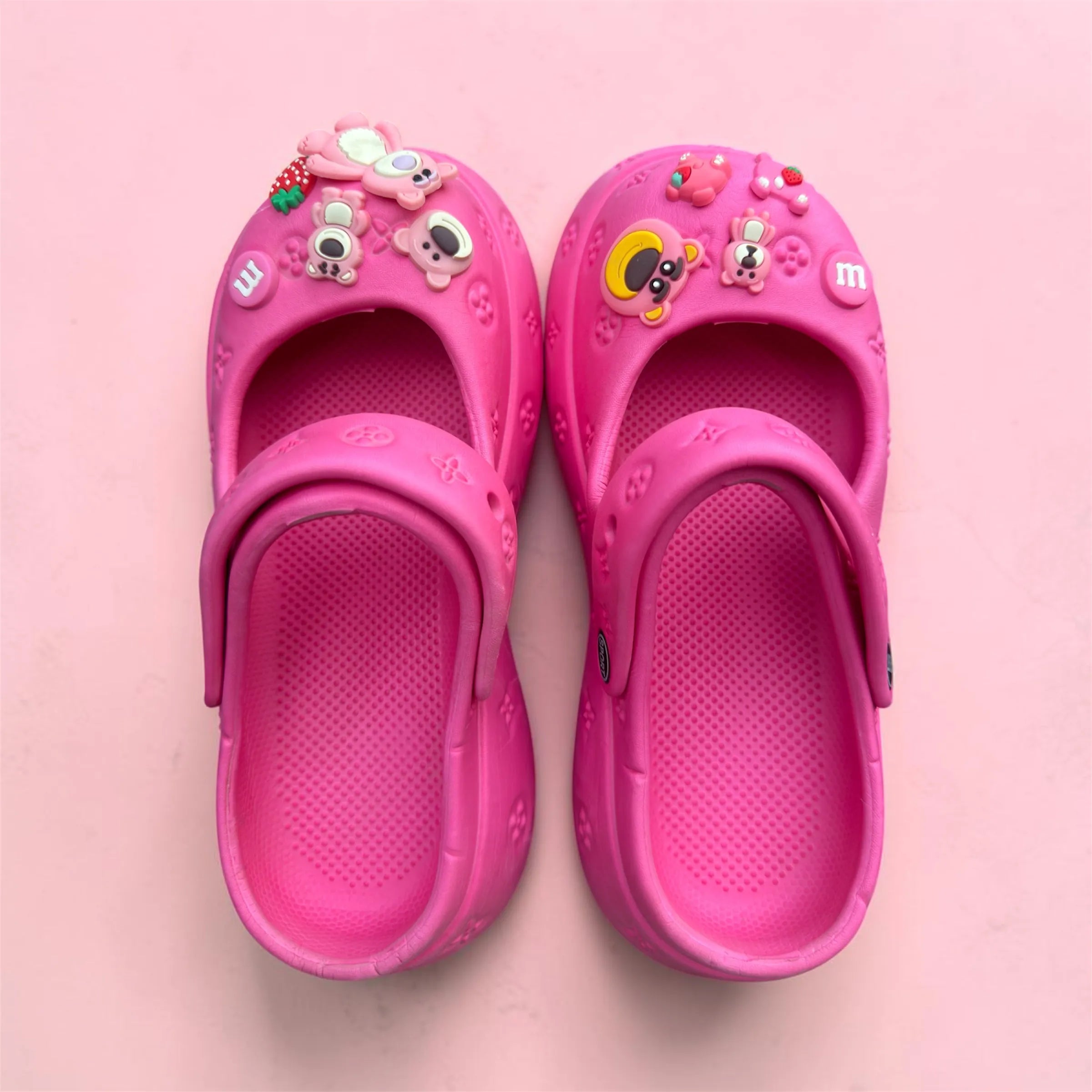 Hot Pink Charm Clogs | Cute Bear & Strawberry Pin Decorations | Comfortable Kids Slip-On Garden Shoes