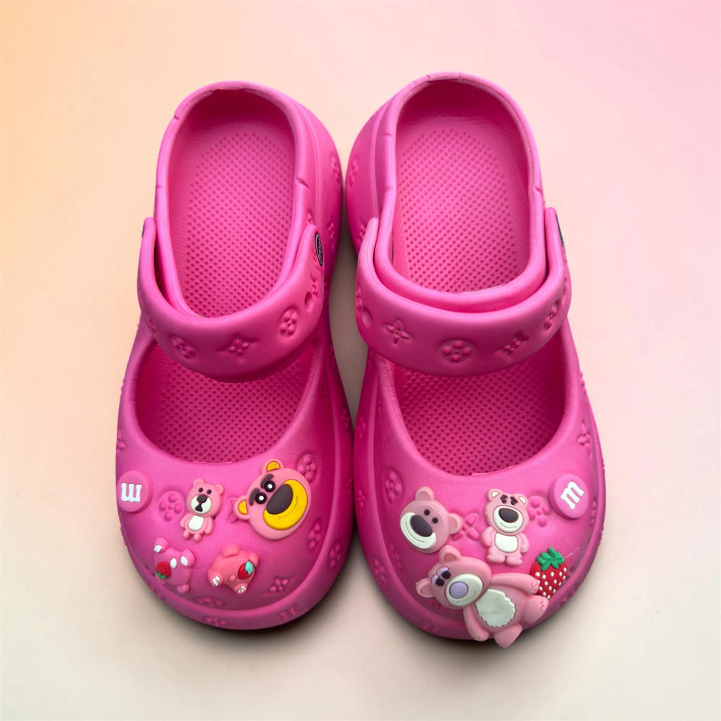 Hot Pink Charm Clogs | Cute Bear & Strawberry Pin Decorations | Comfortable Kids Slip-On Garden Shoes