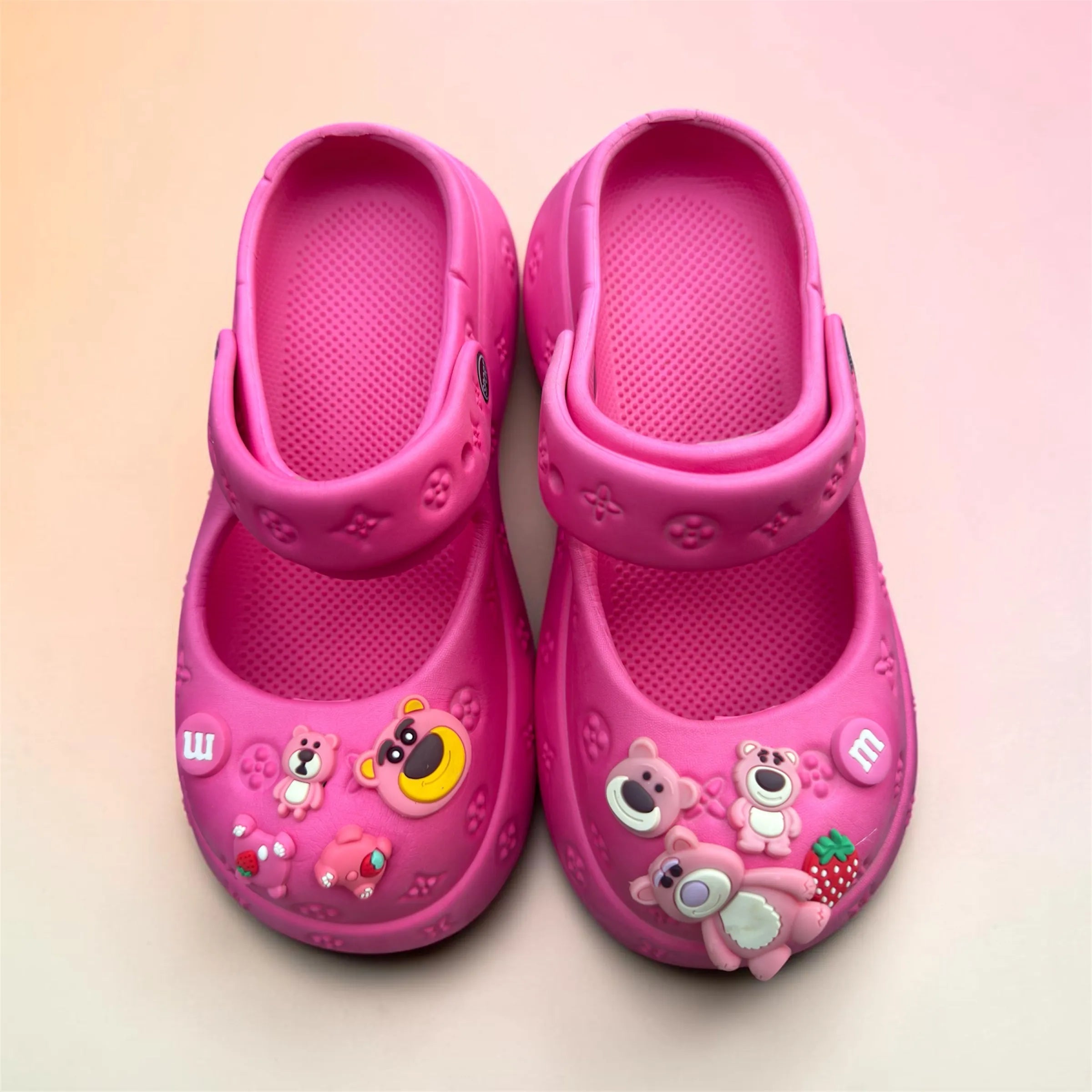 Hot Pink Charm Clogs | Cute Bear & Strawberry Pin Decorations | Comfortable Kids Slip-On Garden Shoes