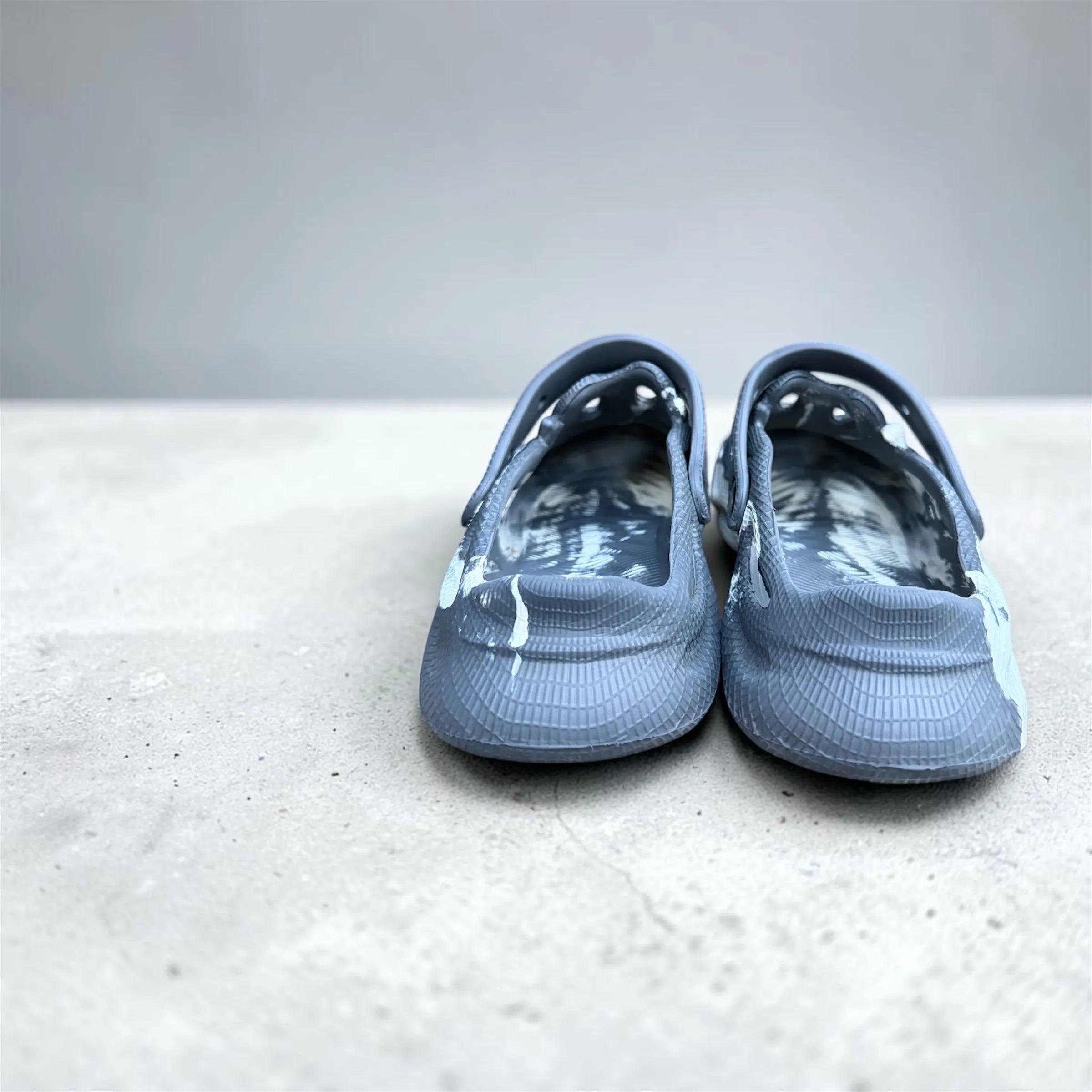 Grey Marble Foam Runner Clogs | Tie-Dye Textured Slip-On Shoes | Adjustable Strap Sport Sandals