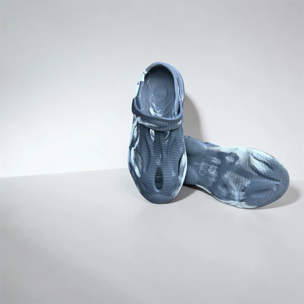 Grey Marble Foam Runner Clogs | Tie-Dye Textured Slip-On Shoes | Adjustable Strap Sport Sandals
