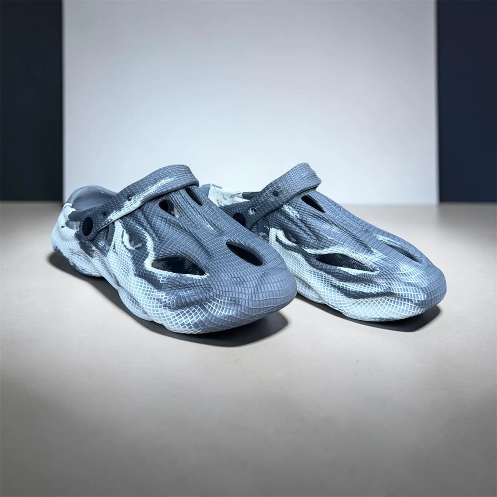Grey Marble Foam Runner Clogs | Tie-Dye Textured Slip-On Shoes | Adjustable Strap Sport Sandals