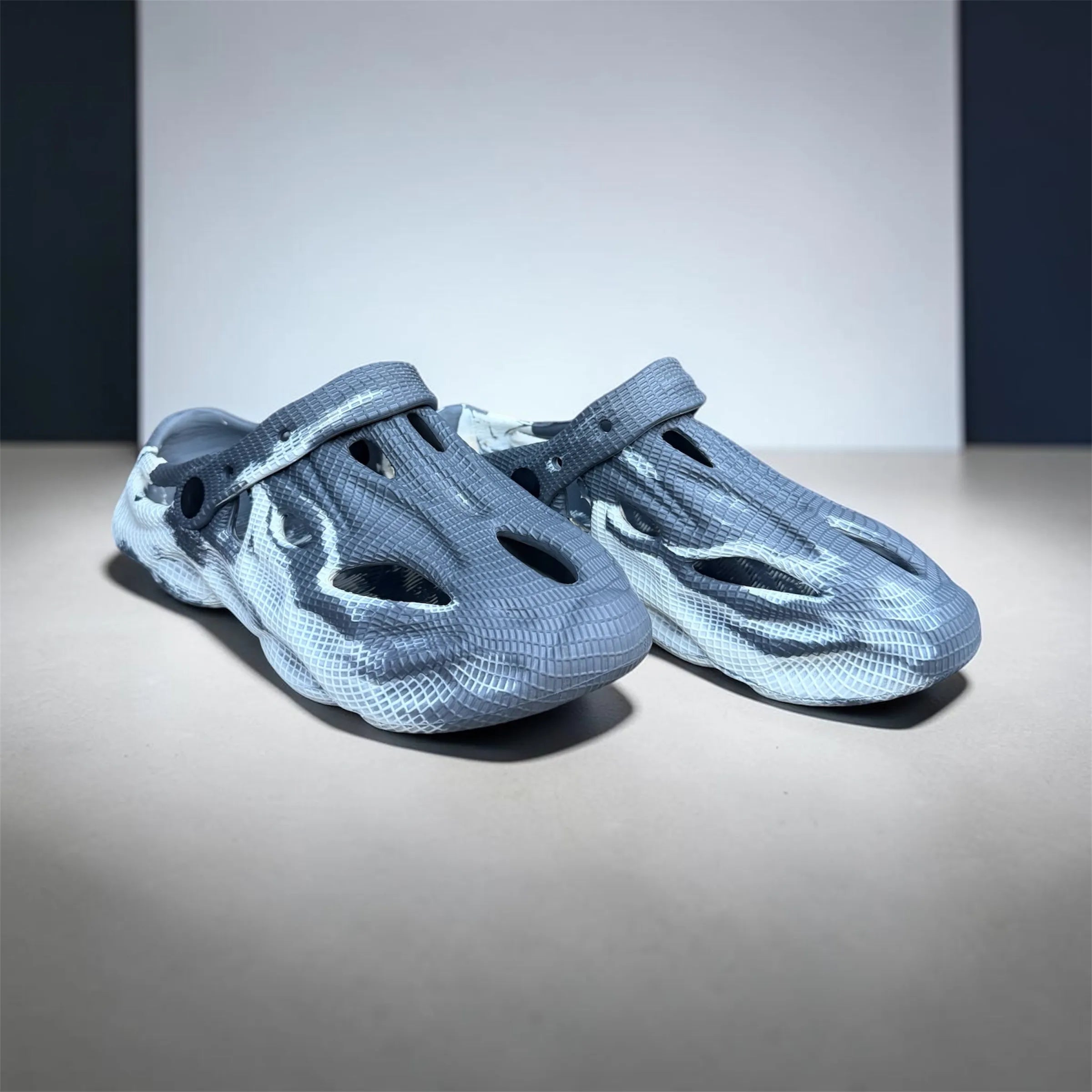 Grey Marble Foam Runner Clogs | Tie-Dye Textured Slip-On Shoes | Adjustable Strap Sport Sandals