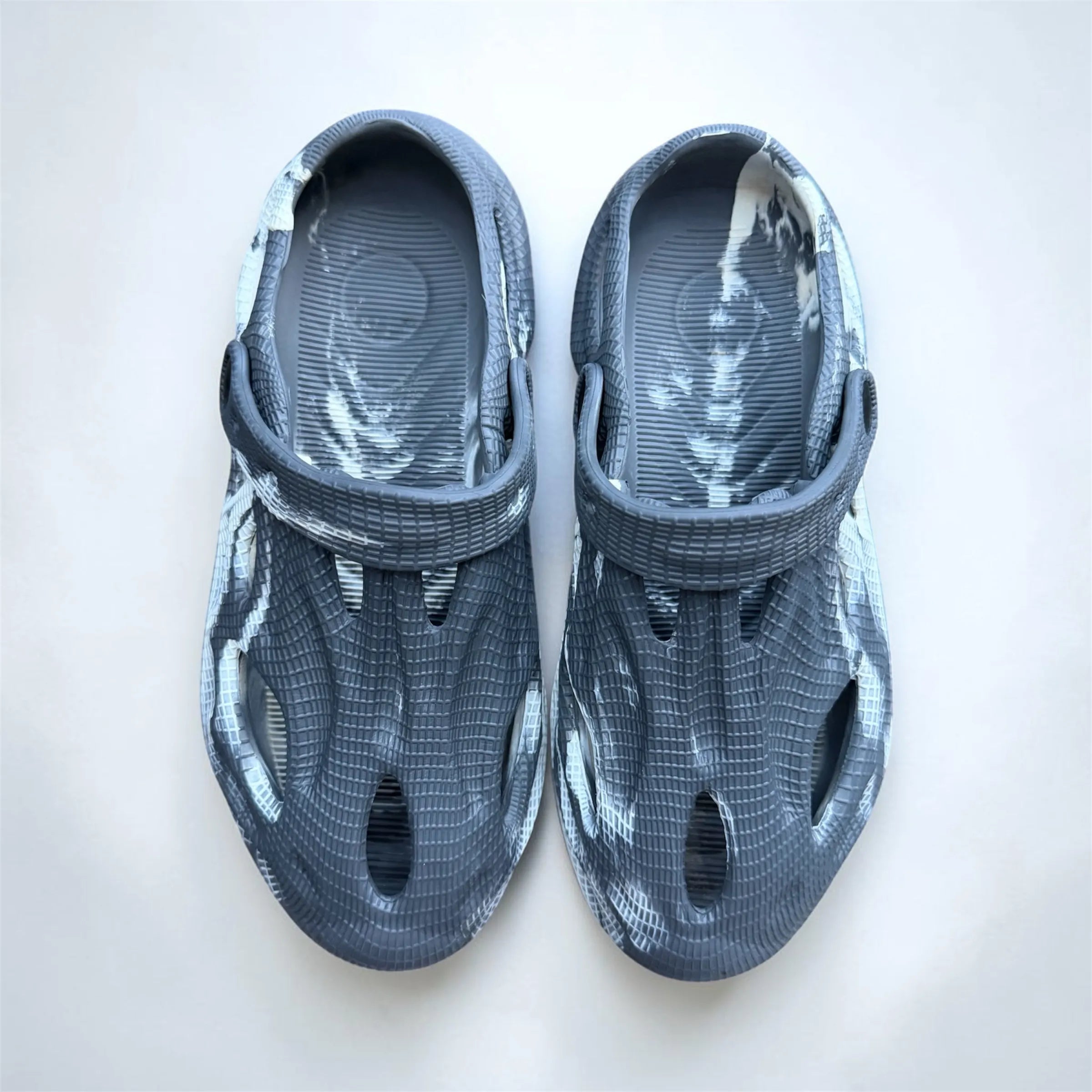 Grey Marble Foam Runner Clogs | Tie-Dye Textured Slip-On Shoes | Adjustable Strap Sport Sandals