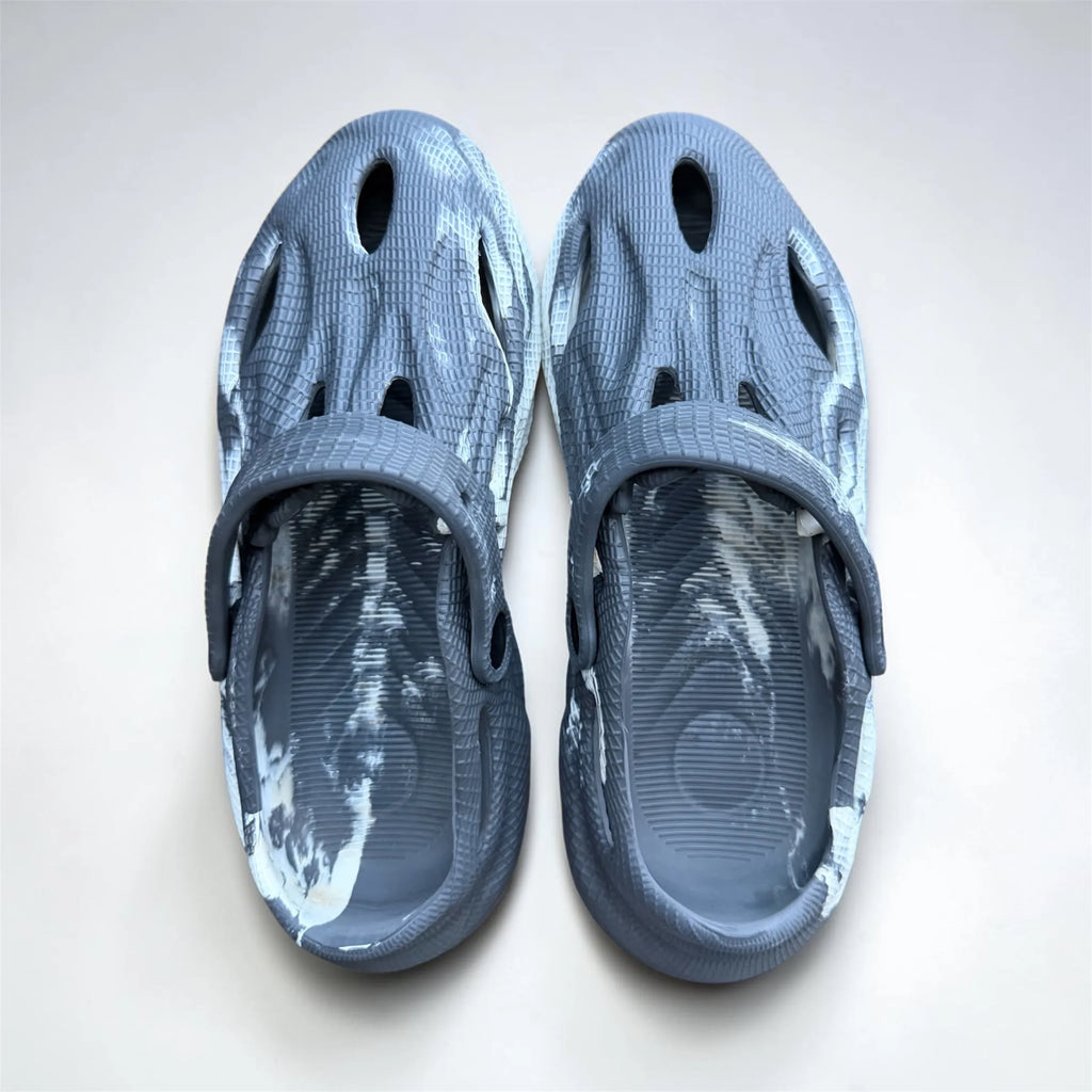 Grey Marble Foam Runner Clogs | Tie-Dye Textured Slip-On Shoes | Adjustable Strap Sport Sandals