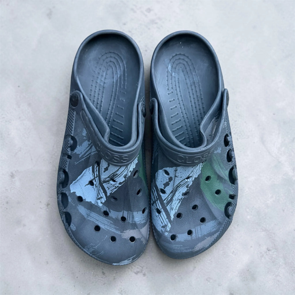 Camo Print Vented Clogs | Grey & Green Camouflage Slip-On Garden Shoes | Comfortable Holed Sandals