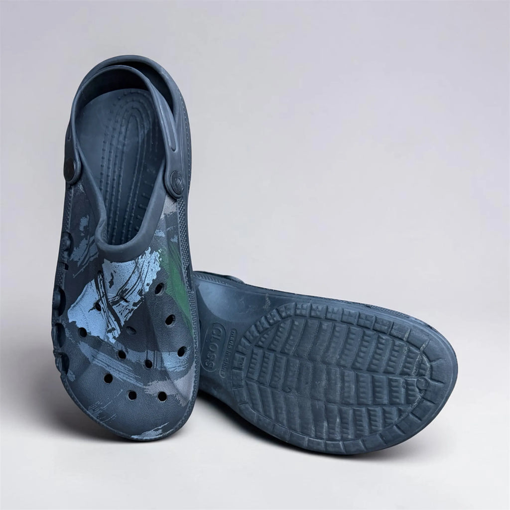 Camo Print Vented Clogs | Grey & Green Camouflage Slip-On Garden Shoes | Comfortable Holed Sandals
