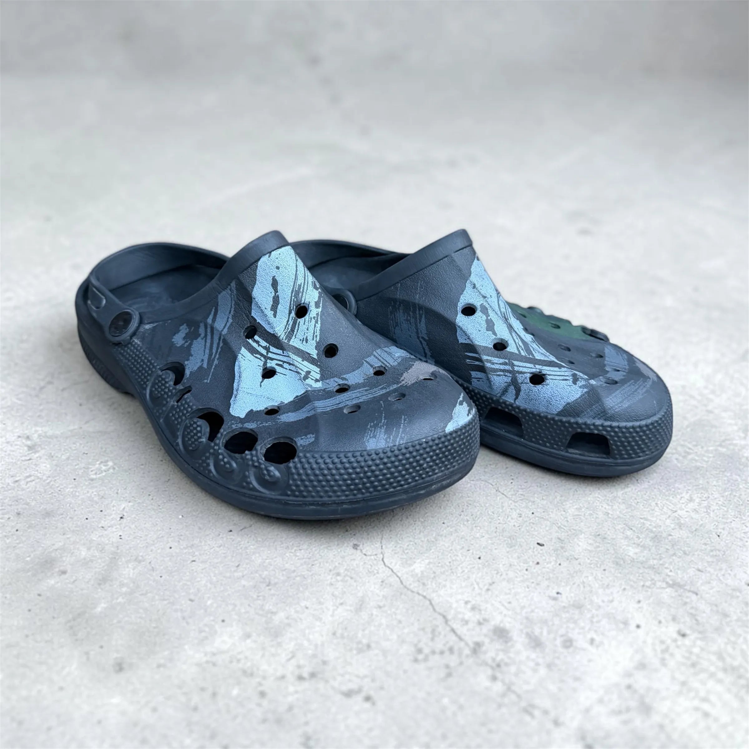 Camo Print Vented Clogs | Grey & Green Camouflage Slip-On Garden Shoes | Comfortable Holed Sandals