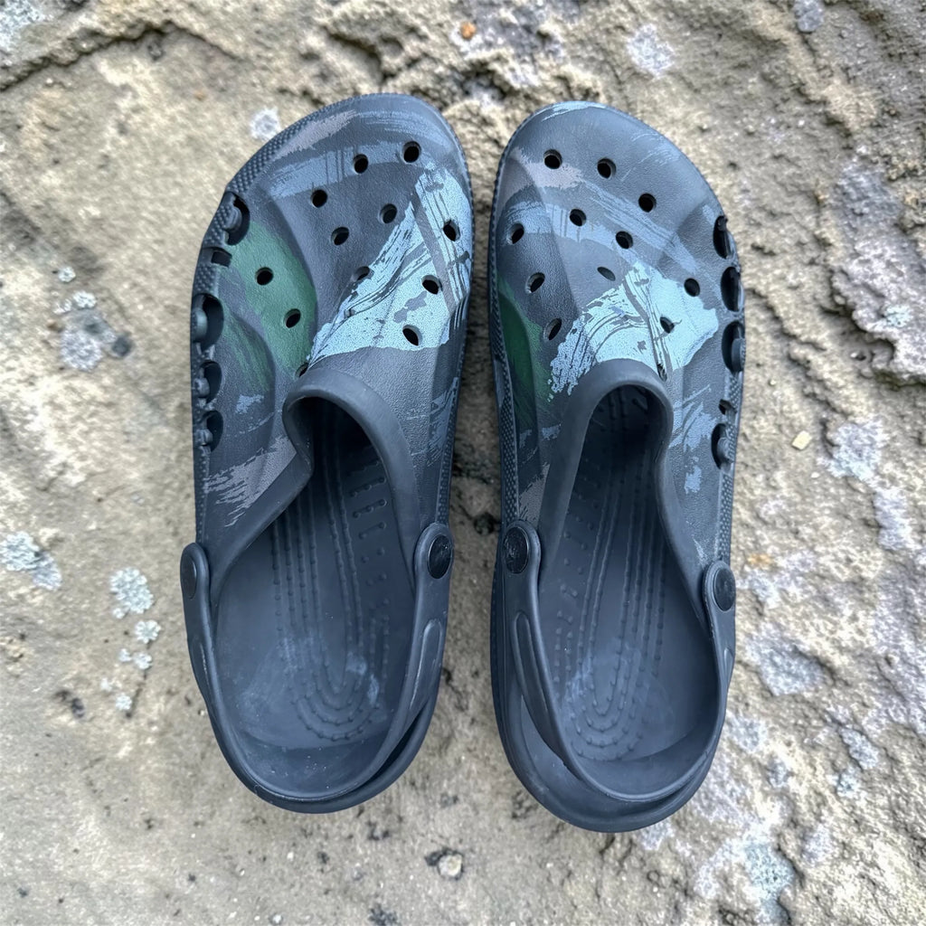 Camo Print Vented Clogs | Grey & Green Camouflage Slip-On Garden Shoes | Comfortable Holed Sandals