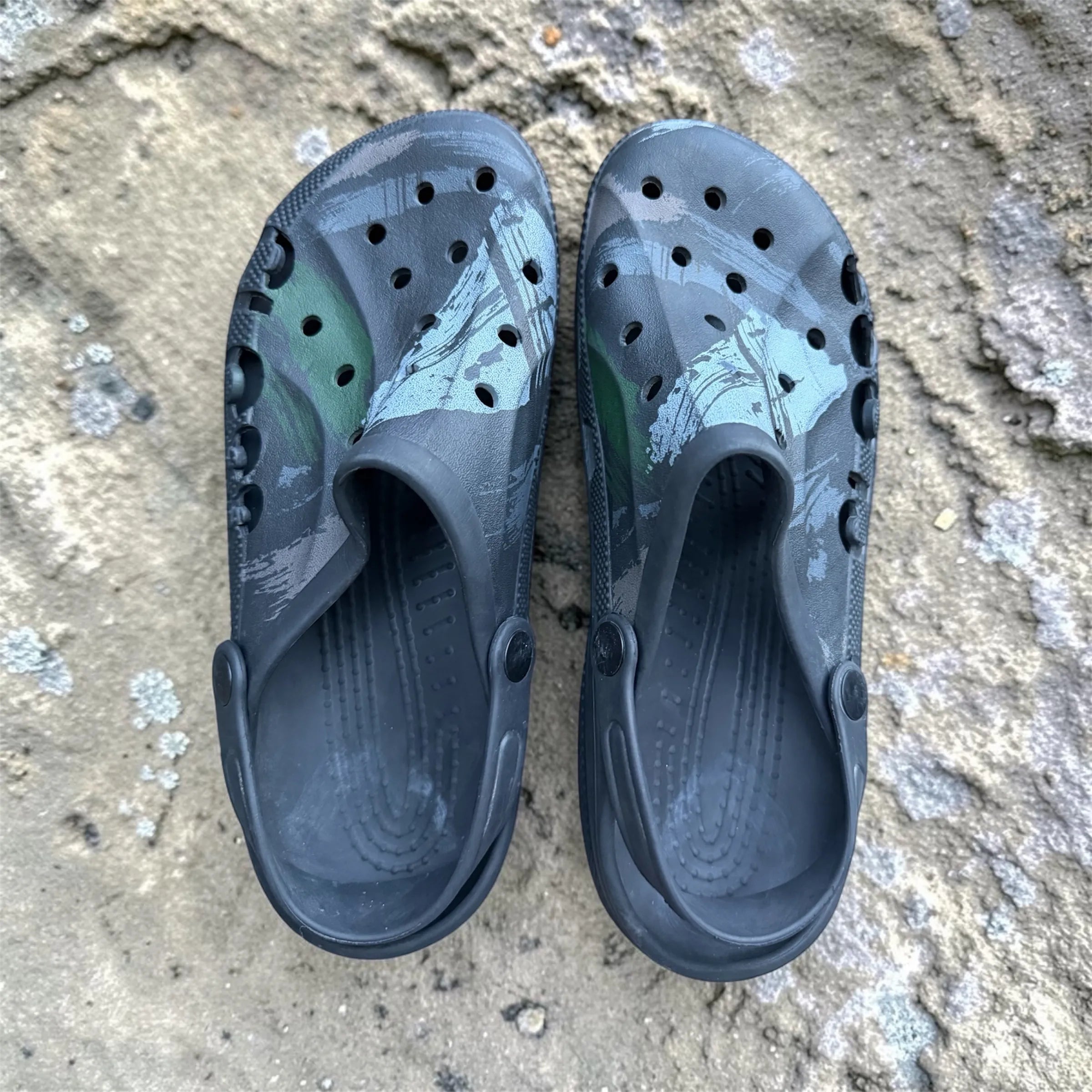 Camo Print Vented Clogs | Grey & Green Camouflage Slip-On Garden Shoes | Comfortable Holed Sandals