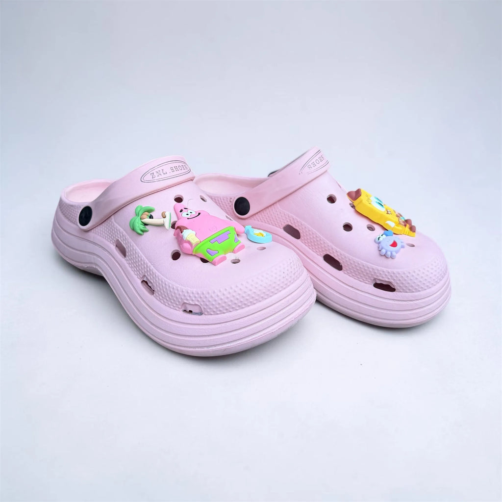 Pink Cartoon Charm Clogs | Cute Sponge Character Pin Decorations | Comfortable Slip-On Garden Shoes