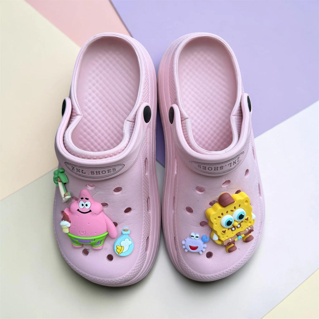 Pink Cartoon Charm Clogs | Cute Sponge Character Pin Decorations | Comfortable Slip-On Garden Shoes