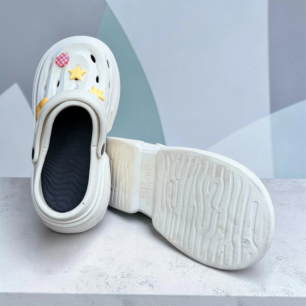 White Platform Clogs | Star & Heart Charm Decorations | Comfortable Thick Sole Slip-On Shoes