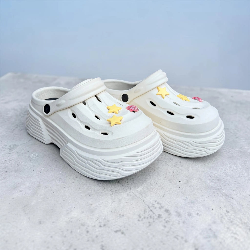 White Platform Clogs | Star & Heart Charm Decorations | Comfortable Thick Sole Slip-On Shoes