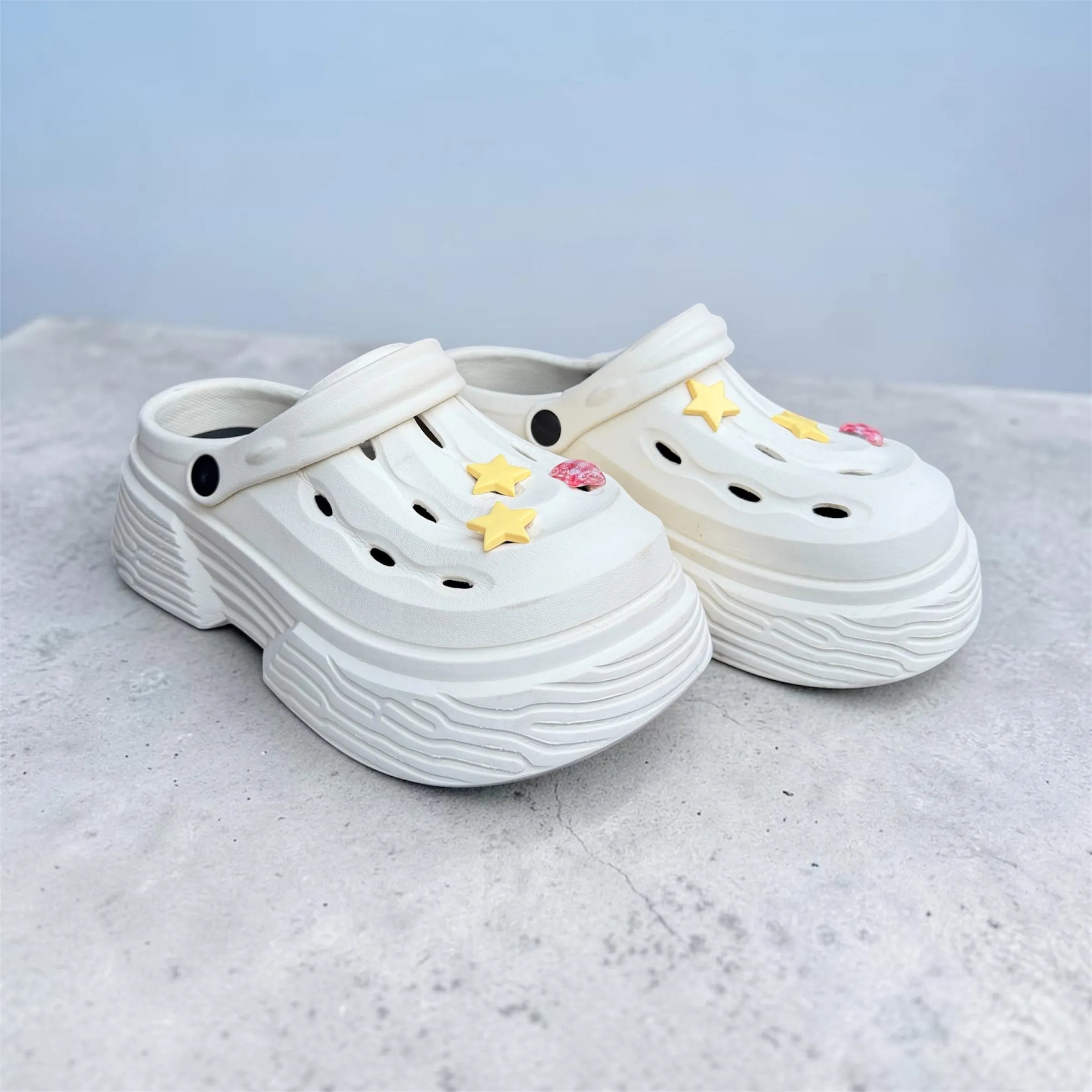 White Platform Clogs | Star & Heart Charm Decorations | Comfortable Thick Sole Slip-On Shoes