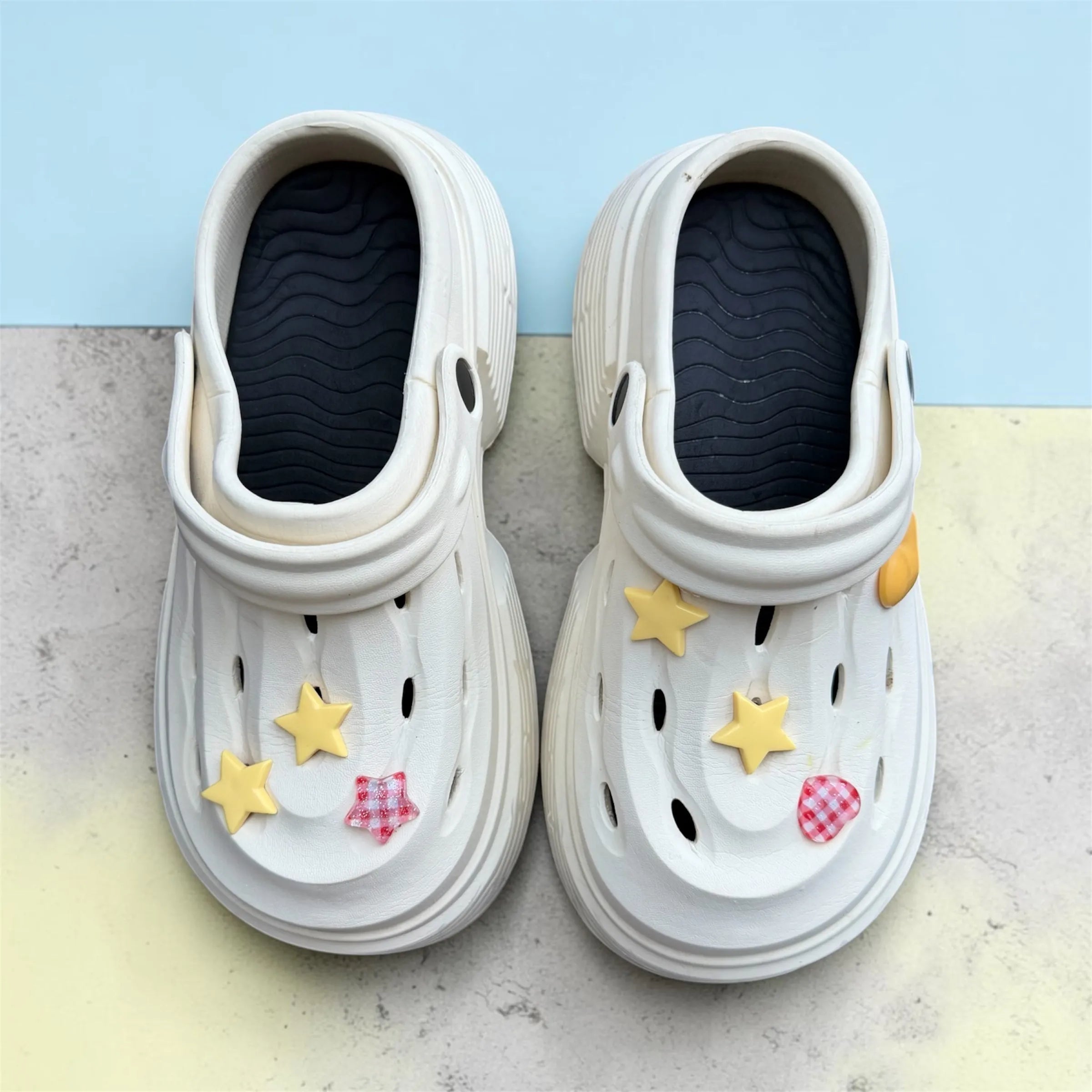White Platform Clogs | Star & Heart Charm Decorations | Comfortable Thick Sole Slip-On Shoes