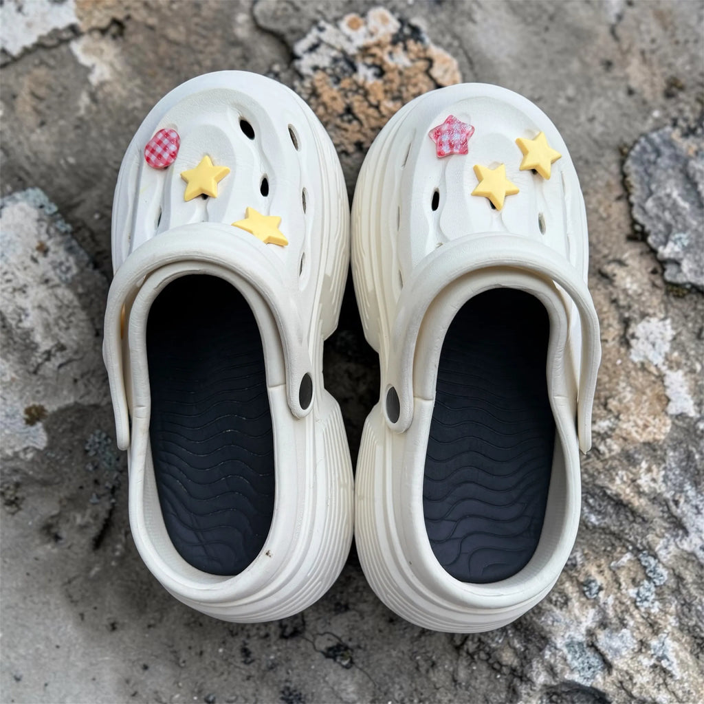 White Platform Clogs | Star & Heart Charm Decorations | Comfortable Thick Sole Slip-On Shoes